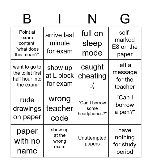 Junior exam bingo Card