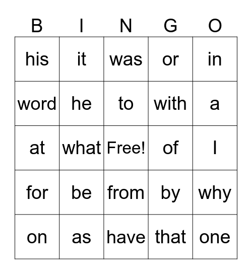 Most common words List 1 and List 2 Bingo Card