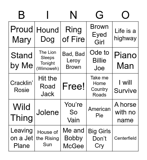 Songs Bingo Card