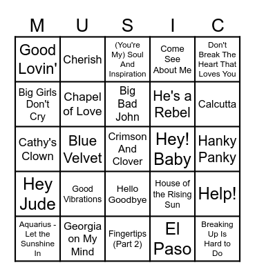 Hits from the 60's Bingo Card