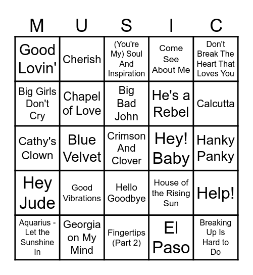 Hits from the 60's Bingo Card