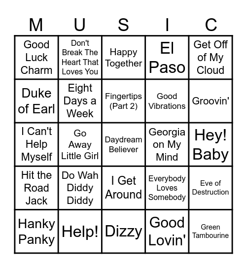 Hits from the 60's Bingo Card