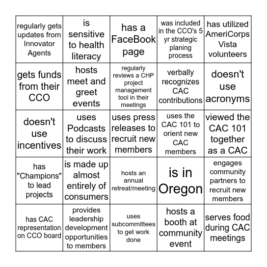 Find someone who is a part of a CAC that... Bingo Card