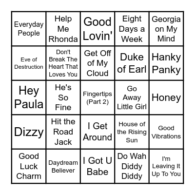 Hits of the 60's Bingo Card