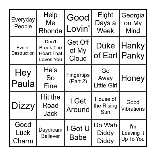 Hits of the 60's Bingo Card