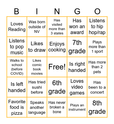 Middle School Bingo Card