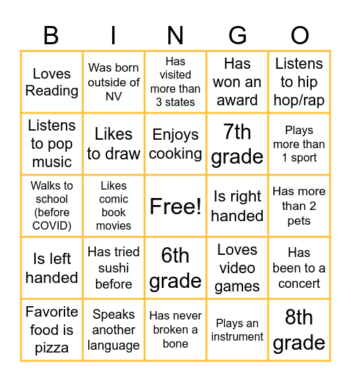 Middle School Bingo Card