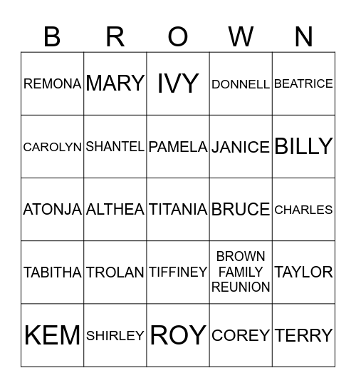 BROWN FAMILY REUNION Bingo Card