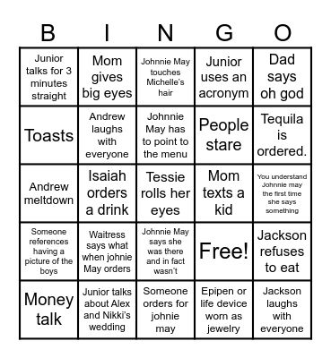 Young family dinner Bingo Card