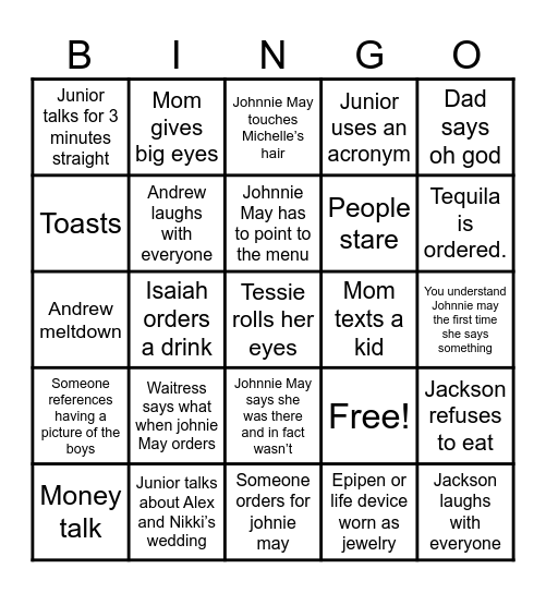 Young family dinner Bingo Card