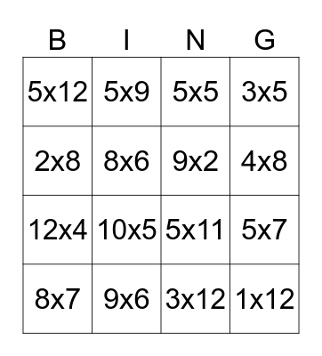 TIMES TABLE Bingo Card