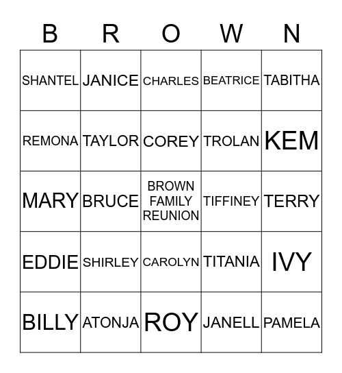 BROWN FAMILY REUNION Bingo Card