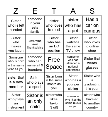 Sisterhood Bingo Card