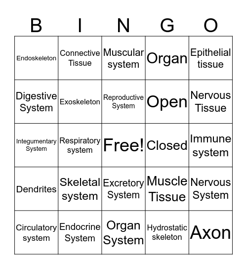 Systems and Tissues Bingo Card