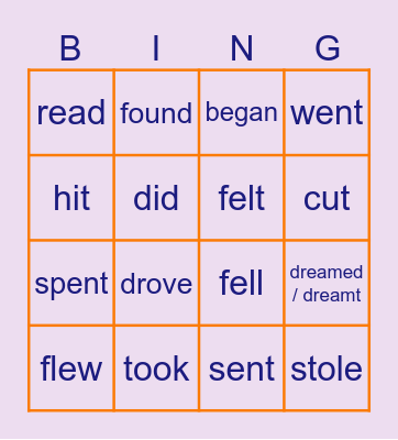 Irregular Verbs Bingo Card