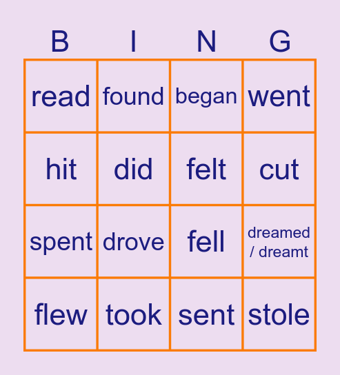 Irregular Verbs Bingo Card