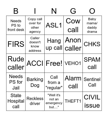 Call Taking BINGO Card