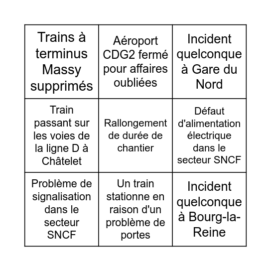 Bingo du RER B Bingo Card