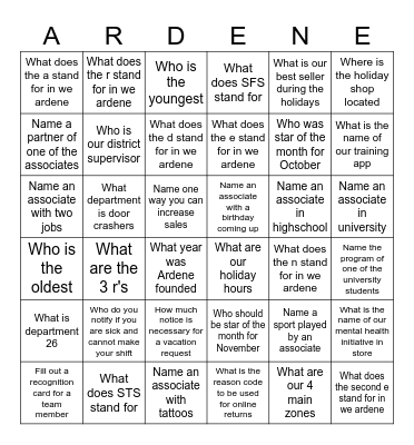 Ardene 180 Bingo Card