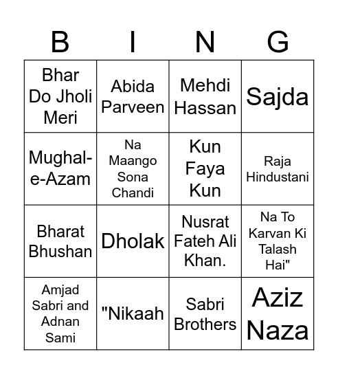 Qawwali night Bingo Card