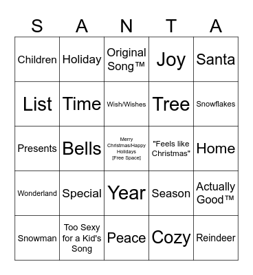 Christmas Song Bingo Card