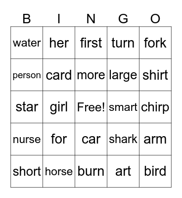 R-controlled Vowel BINGO Card