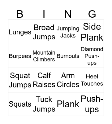 Fitness Bingo Card