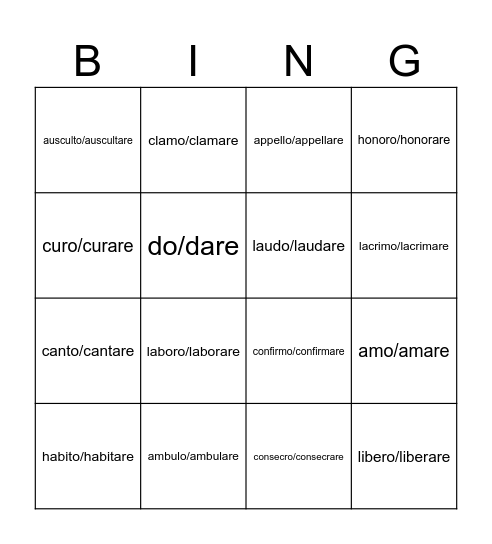 Latin Verbs Bingo Card