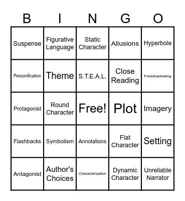 Literary Term Bingo Card