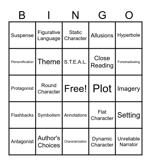 Literary Term Bingo Card