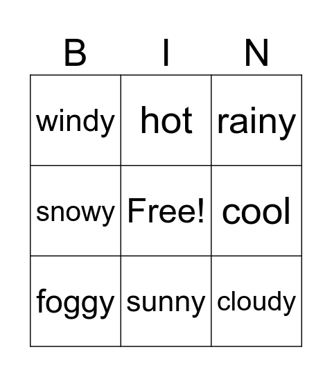 Today's Weather Bingo Card