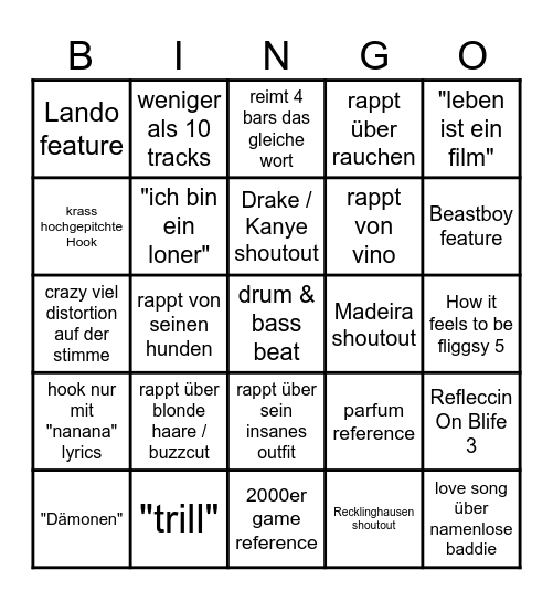 Fliggsy Album Bingo Card