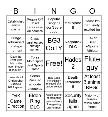 Game Awards 2023 Bingo Card