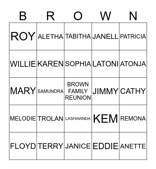 BROWN FAMILY REUNION Bingo Card