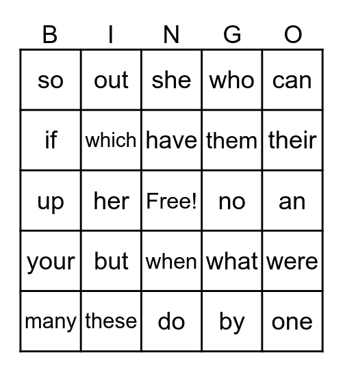 Sight Words Bingo Card