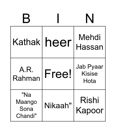 Qawwali Bingo Card