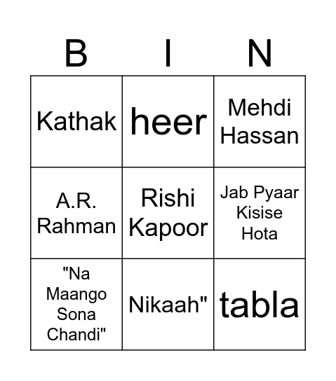 Qawwali Bingo Card