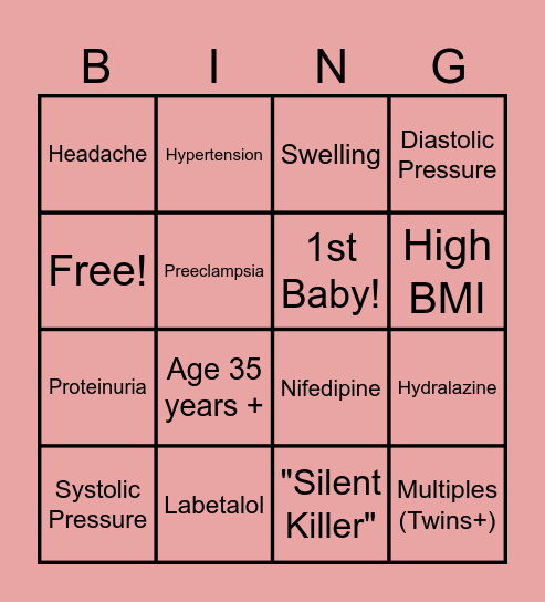 Hypertension & Preeclampsia Bingo Card