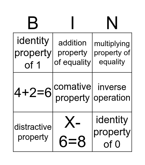 math vocab Bingo Card