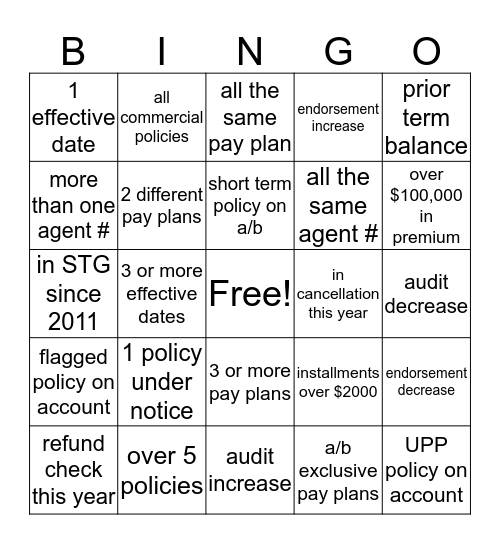 Account Bill Bingo Card