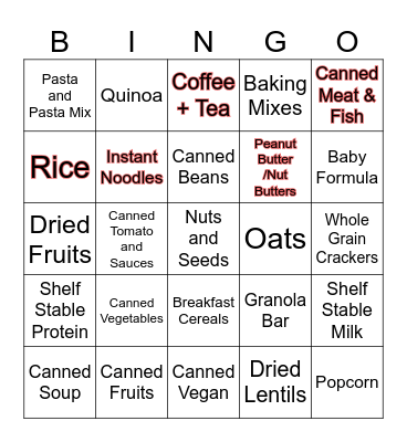 Food Bank Bingo Card Bingo Card