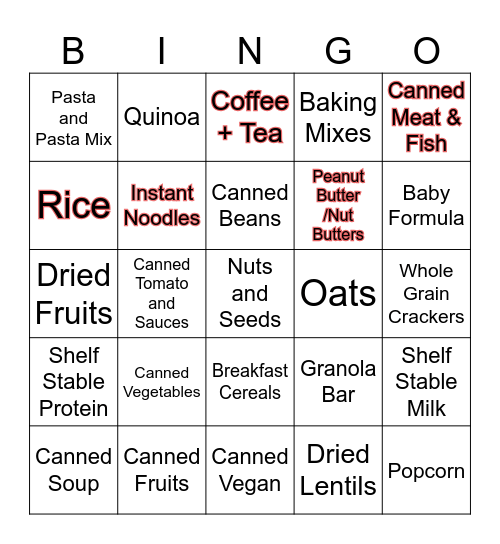 Food Bank Bingo Card Bingo Card