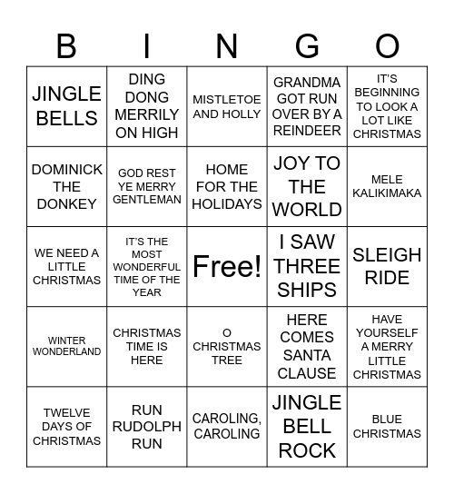 CHRISTMAS SONG BINGO Card