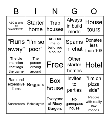 Bloxburg Bingo Card