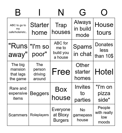 Bloxburg Bingo Card