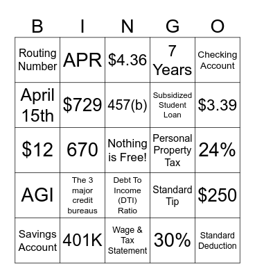 UNIV 100 Money Bingo! Bingo Card