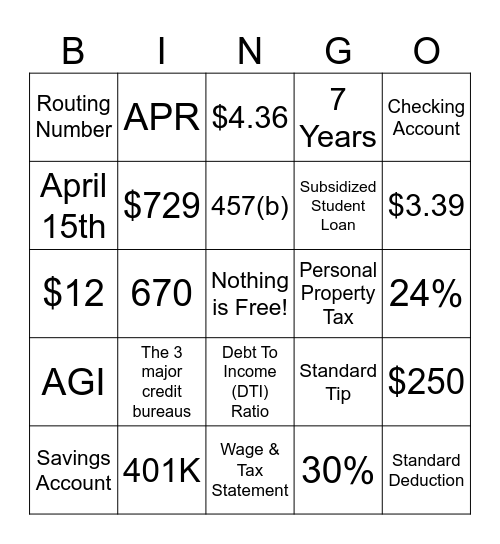 UNIV 100 Money Bingo! Bingo Card