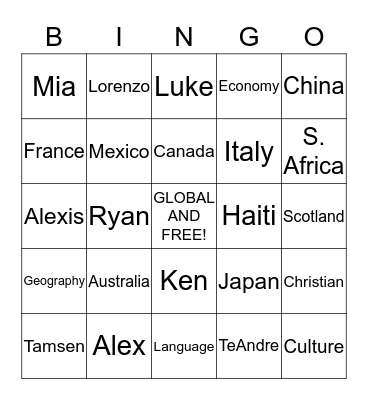 World Cultures Bingo Card