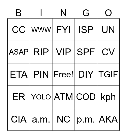 Acronyms Bingo Card