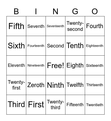 Ordinal Numbers Bingo Card